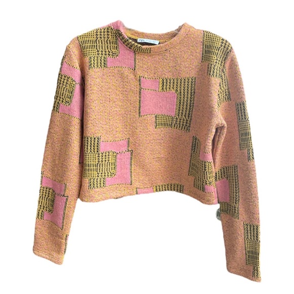 Zara Jacquard Geometric Cropped Sweater Orange Pink Black Size Small - Picture 9 of 9